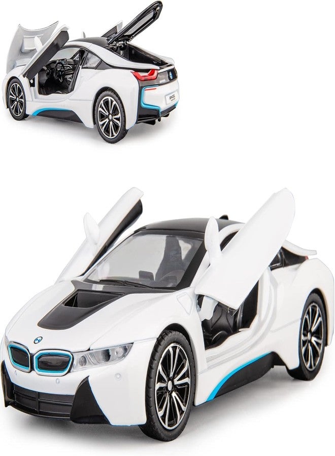 PEZYOX Scale Exclusive Alloy Metal Pull Back Die-cast Car Model with Sound Light Mini Auto Toy for Kids Metal Model Toy Car with Sound and Light (1.32 Scale B-M-W I8-White) - Image 1